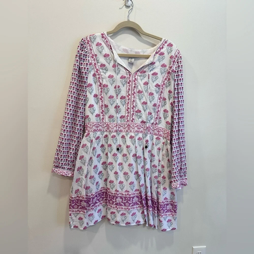 Haute Hippie Women's Large White Pink Boho Floral Long Sleeve Mini Dress NWOT - Picture 1 of 8